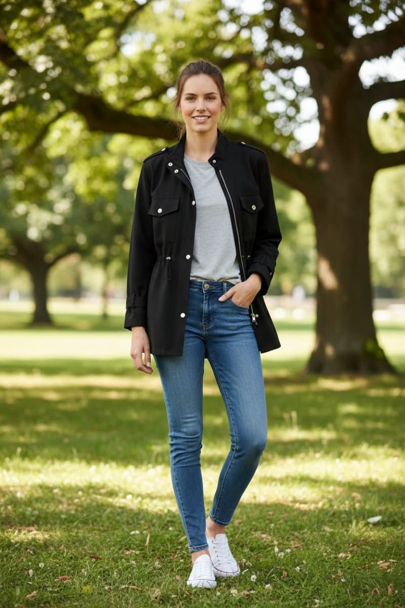 Relaxed Utility Jacket with Drawstring Waist and Chest Pockets