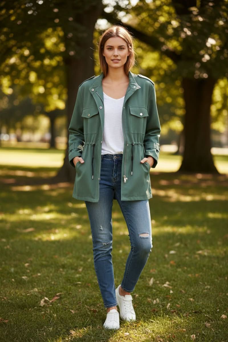 Relaxed Utility Jacket with Drawstring Waist and Chest Pockets