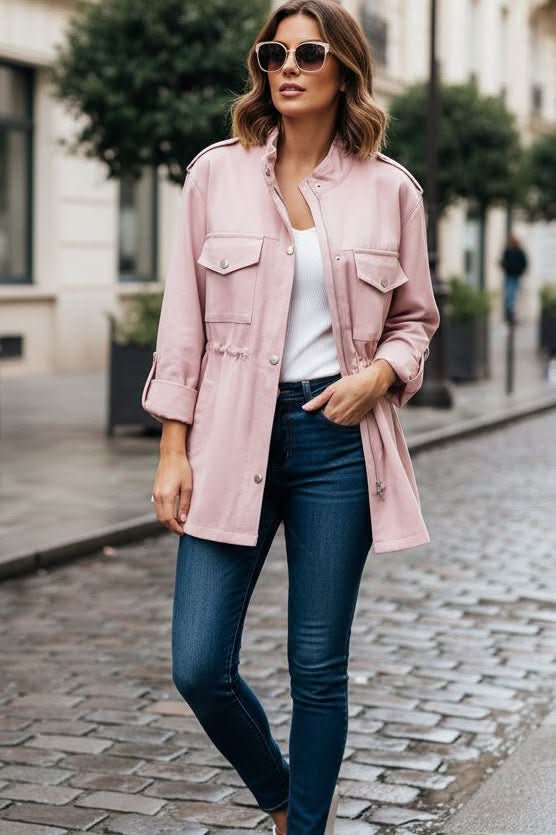 Relaxed Utility Jacket with Drawstring Waist and Chest Pockets