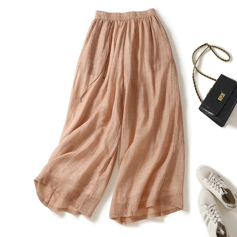 Relaxed Wide Leg Linen Culottes with Elasticated Waist and Flowing Fit