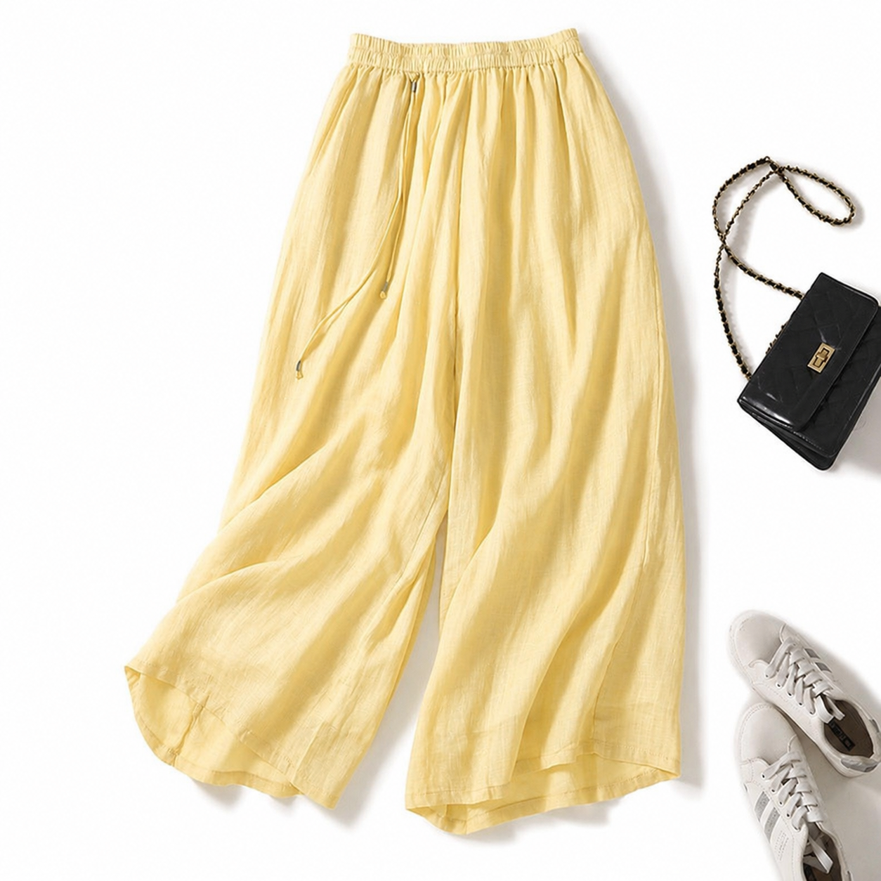 Relaxed Wide Leg Linen Culottes with Elasticated Waist and Flowing Fit