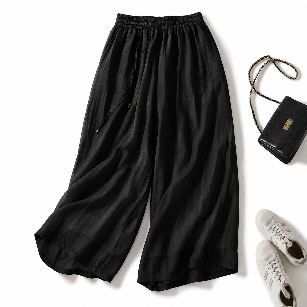 Relaxed Wide Leg Linen Culottes with Elasticated Waist and Flowing Fit