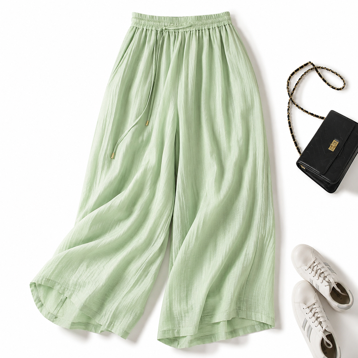 Relaxed Wide Leg Linen Culottes with Elasticated Waist and Flowing Fit