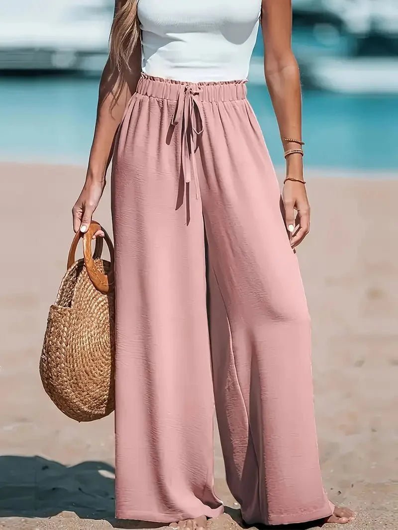 Relaxed Wide Leg Linen Pants with Drawstring Waist and Flowing Fit