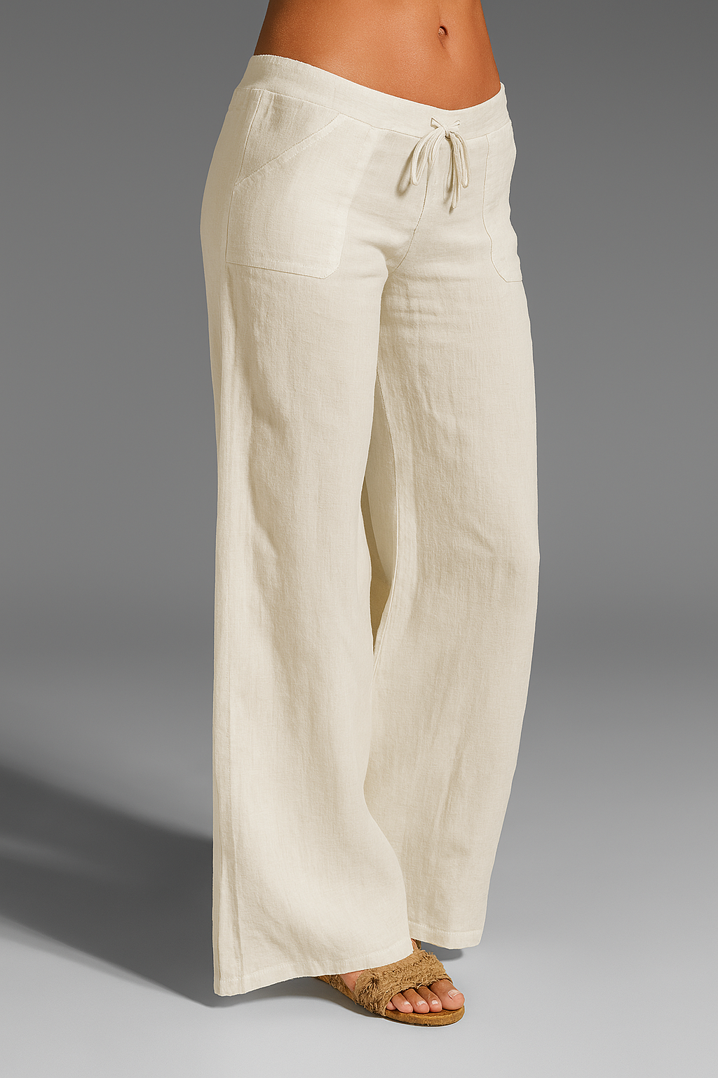 Relaxed Wide Leg Linen Trousers with Drawstring Waist