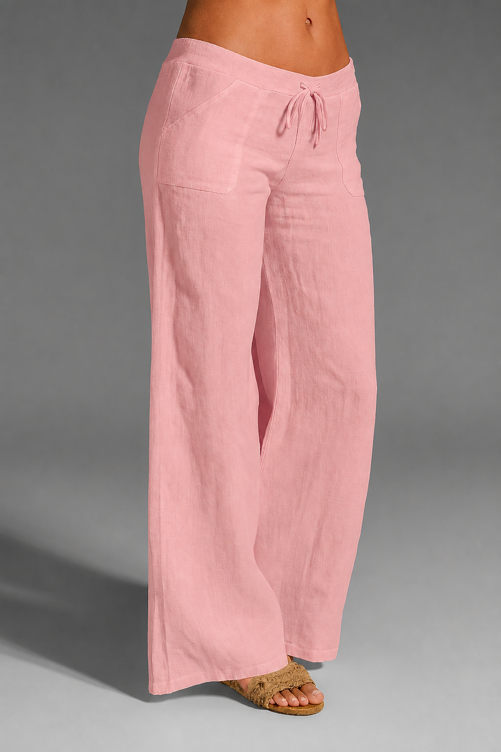 Relaxed Wide Leg Linen Trousers with Drawstring Waist