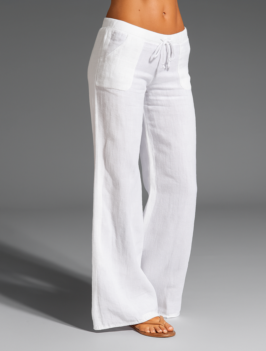 Relaxed Wide Leg Linen Trousers with Drawstring Waist