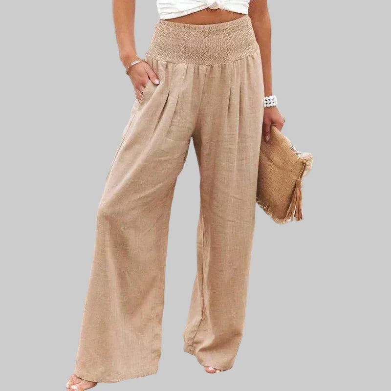 Relaxed Wide Leg Linen Trousers with Elasticated Waist