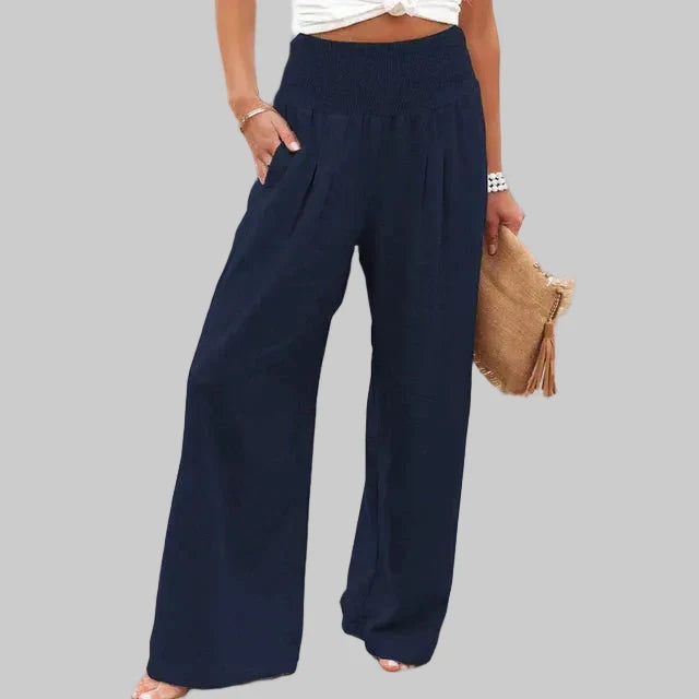Relaxed Wide Leg Linen Trousers with Elasticated Waist
