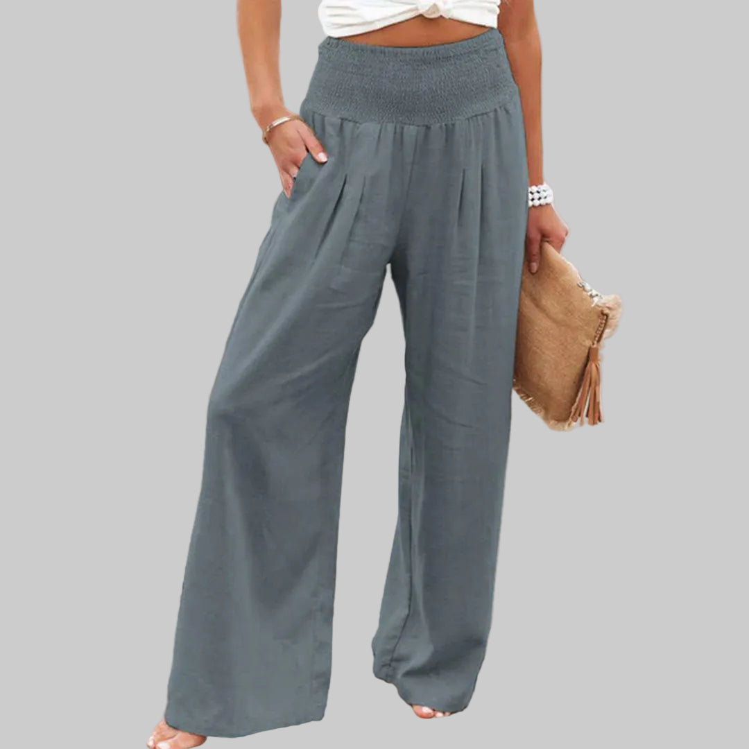 Relaxed Wide Leg Linen Trousers with Elasticated Waist