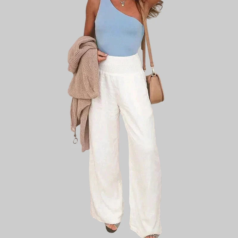 Relaxed Wide Leg Linen Trousers with Elasticated Waist