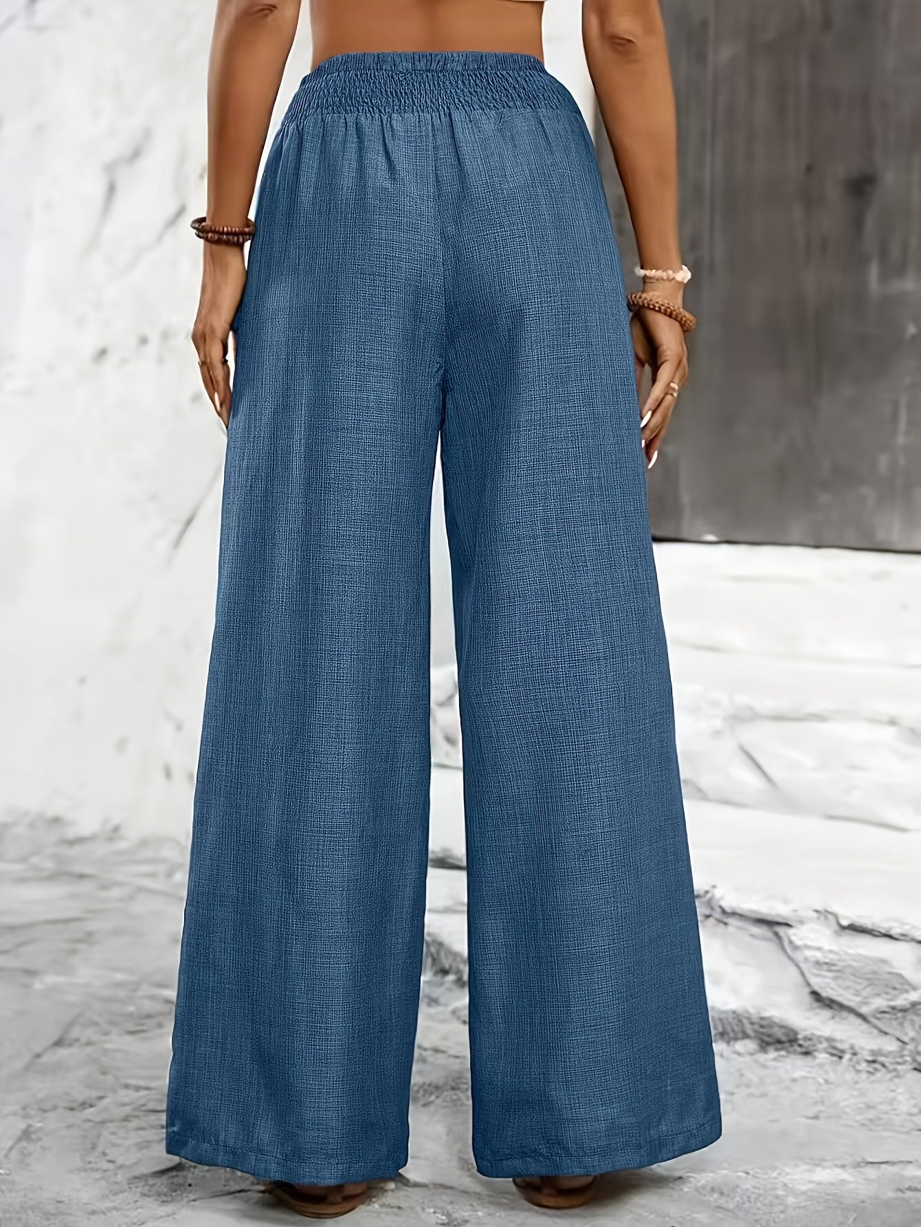 Relaxed Wide Leg Linen Trousers with Smocked Elasticated Waist