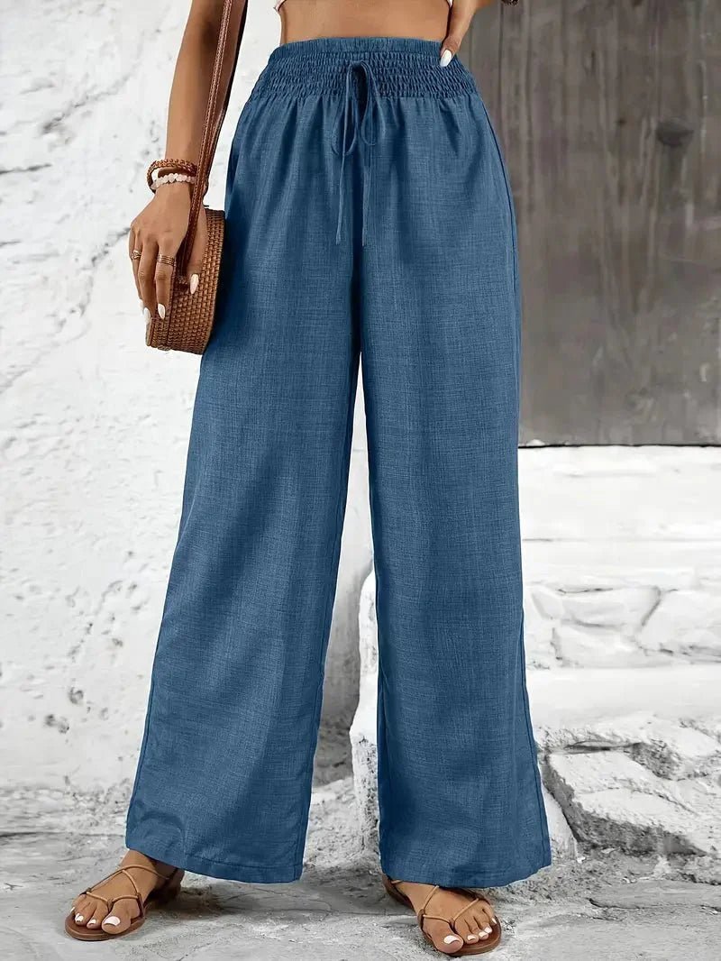 Relaxed Wide Leg Linen Trousers with Smocked Elasticated Waist
