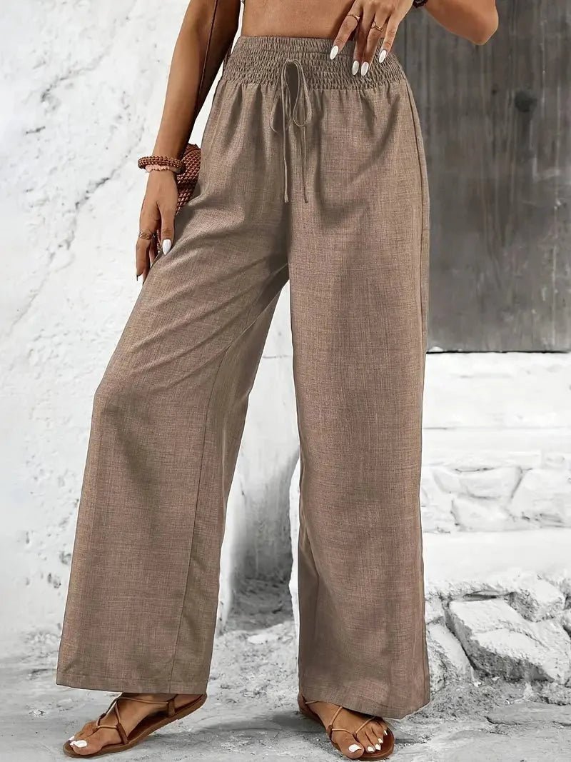 Relaxed Wide Leg Linen Trousers with Smocked Elasticated Waist