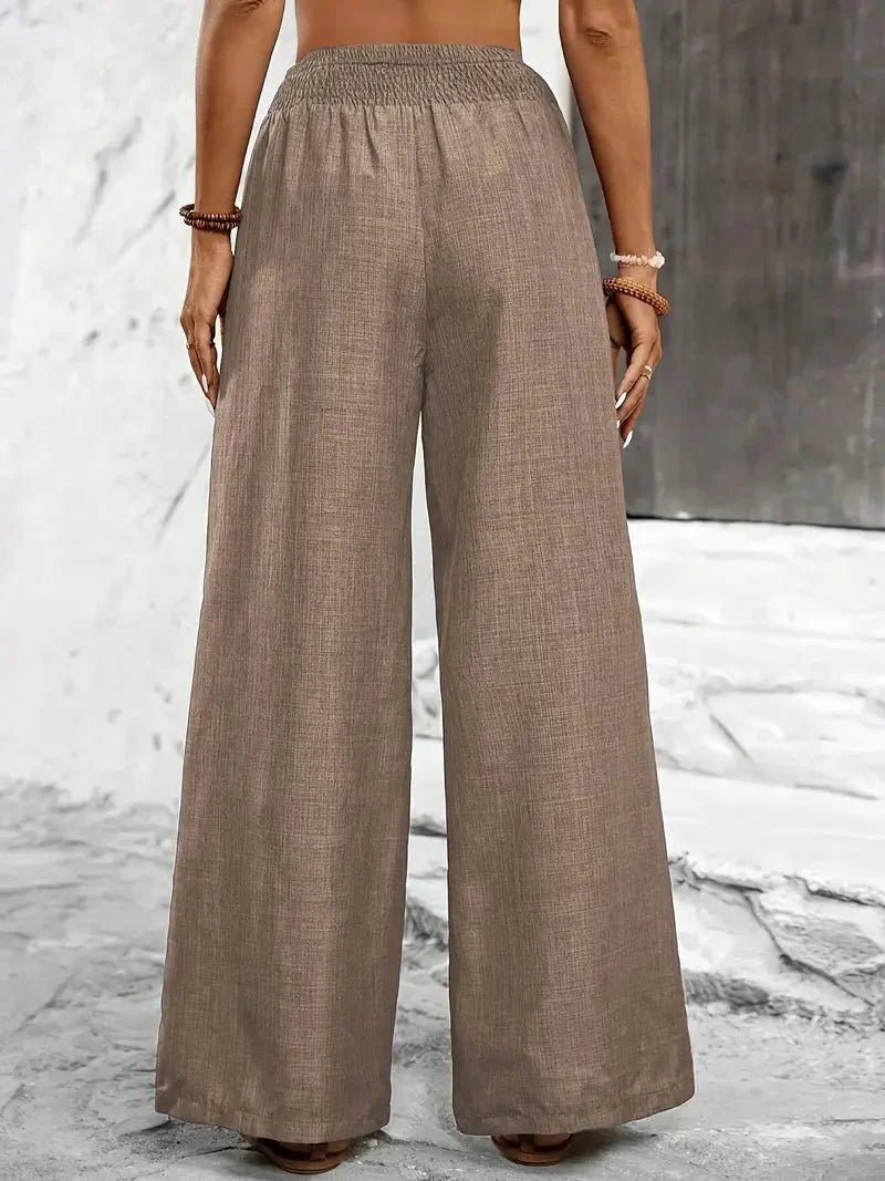 Relaxed Wide Leg Linen Trousers with Smocked Elasticated Waist