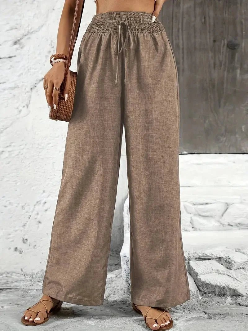 Relaxed Wide Leg Linen Trousers with Smocked Elasticated Waist