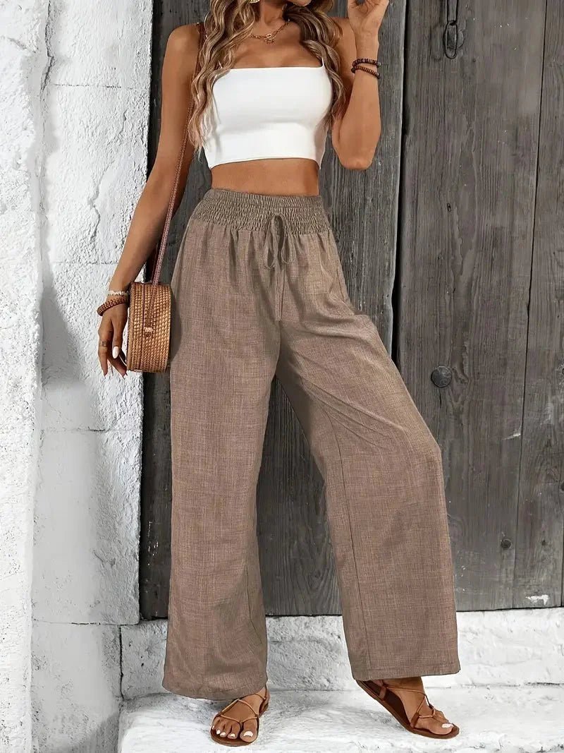 Relaxed Wide Leg Linen Trousers with Smocked Elasticated Waist