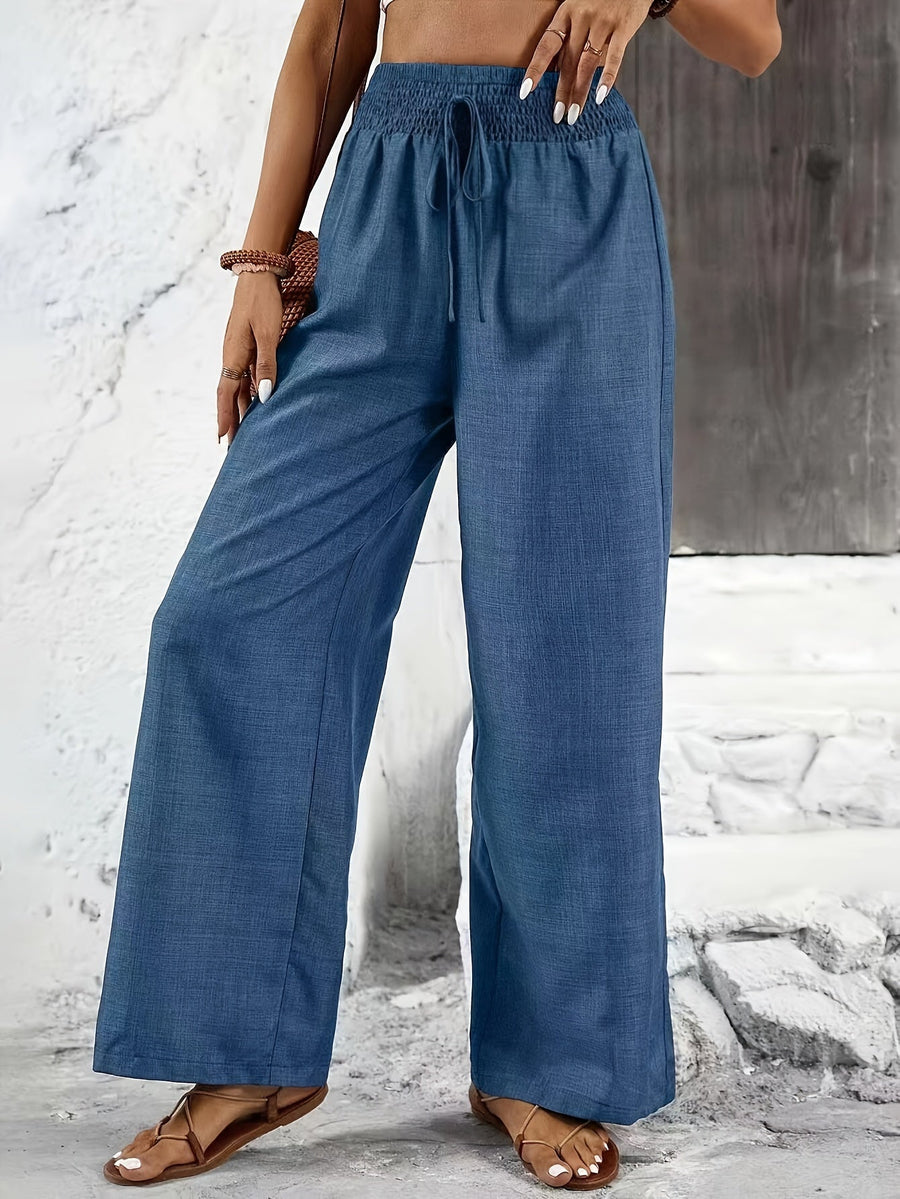 Relaxed Wide Leg Linen Trousers with Smocked Elasticated Waist