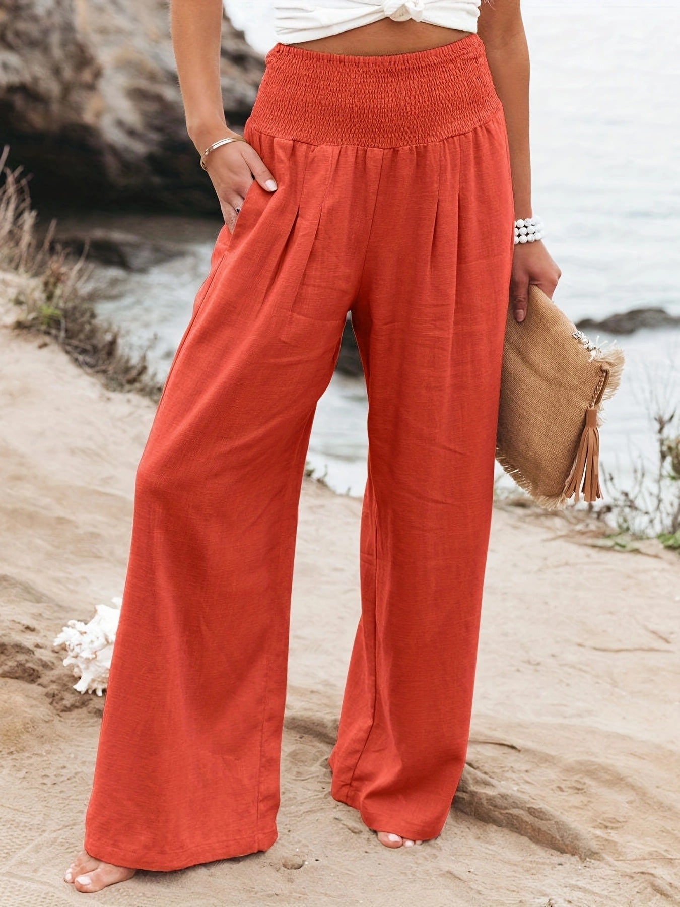 Relaxed Wide Leg Linen Trousers with Smocked Waist