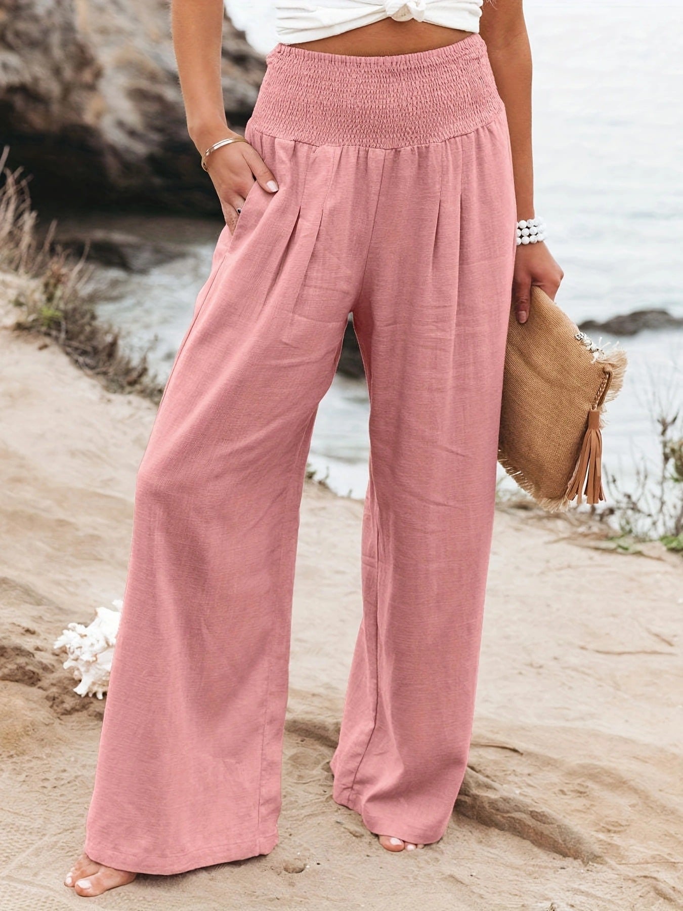 Relaxed Wide Leg Linen Trousers with Smocked Waist