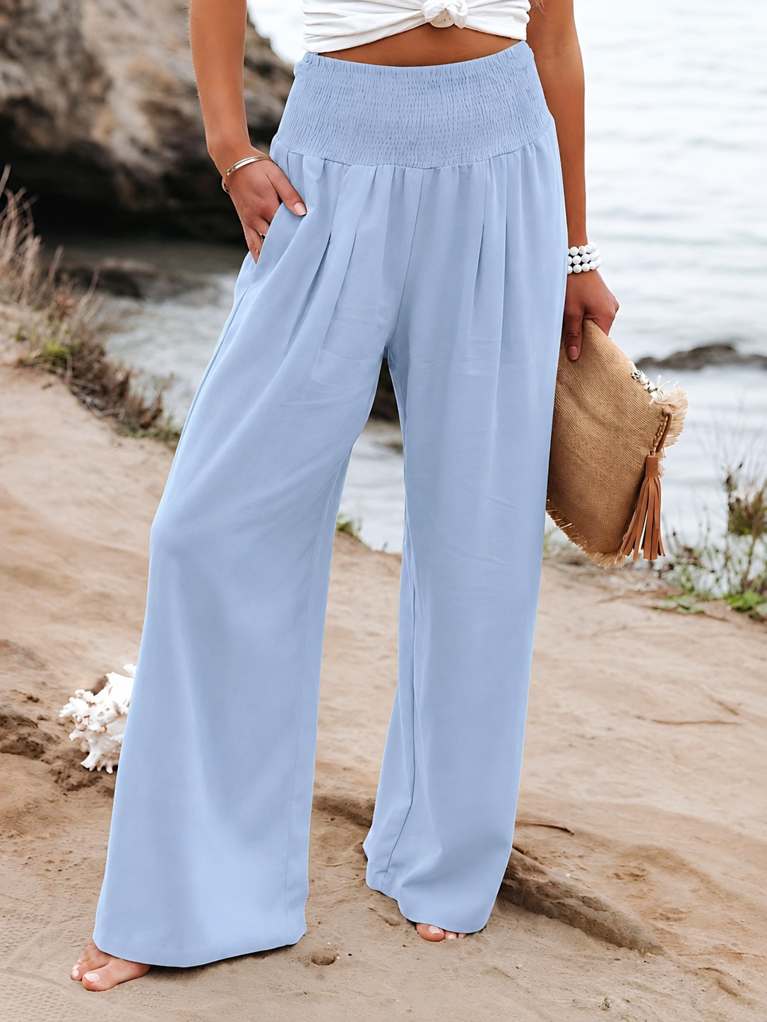 Relaxed Wide Leg Linen Trousers with Smocked Waist