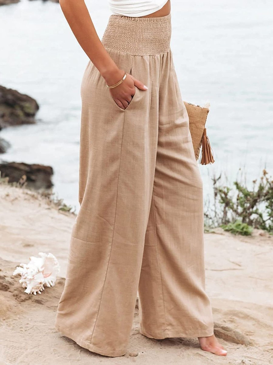 Relaxed Wide Leg Linen Trousers with Smocked Waist