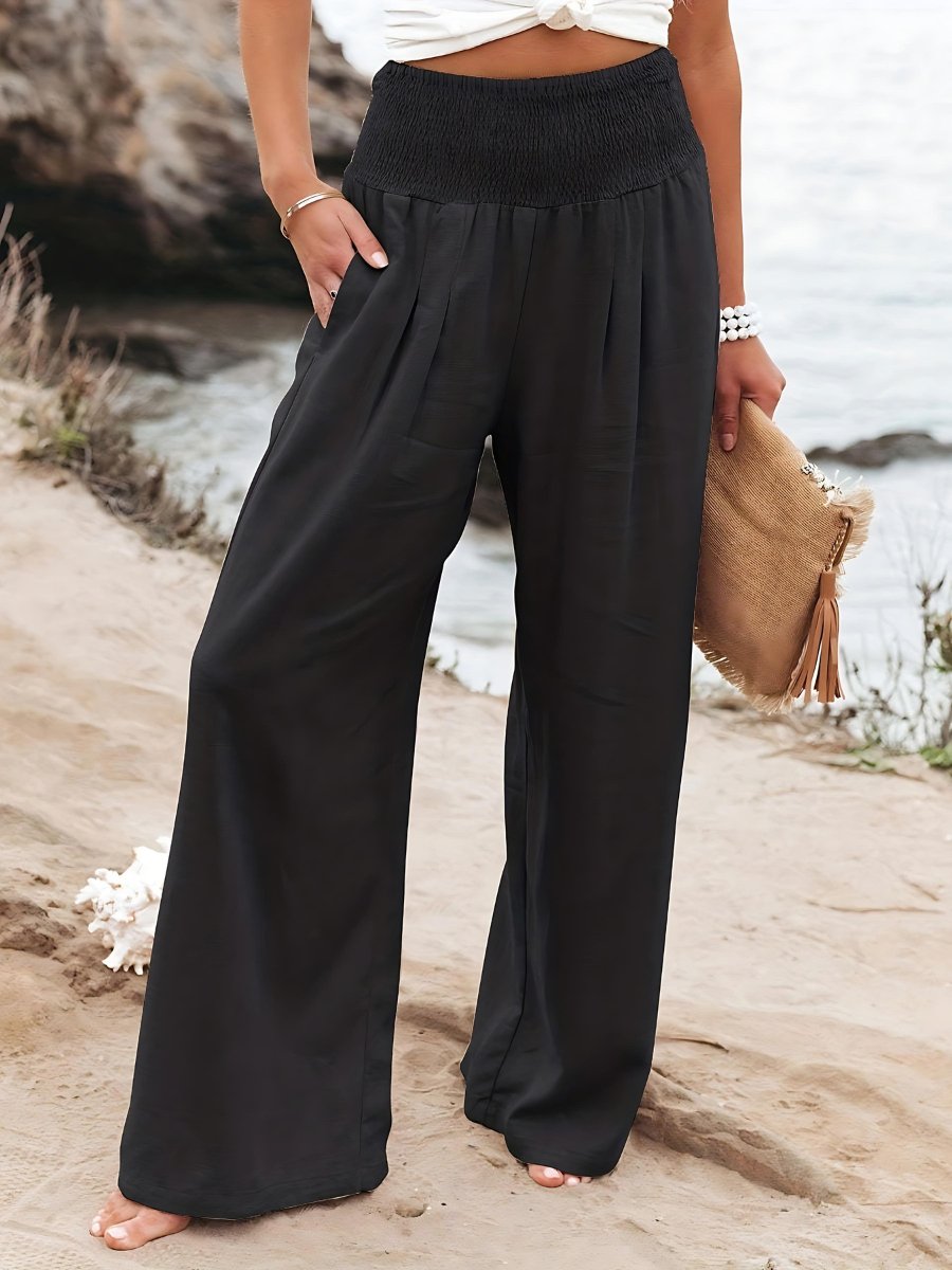 Relaxed Wide Leg Linen Trousers with Smocked Waist
