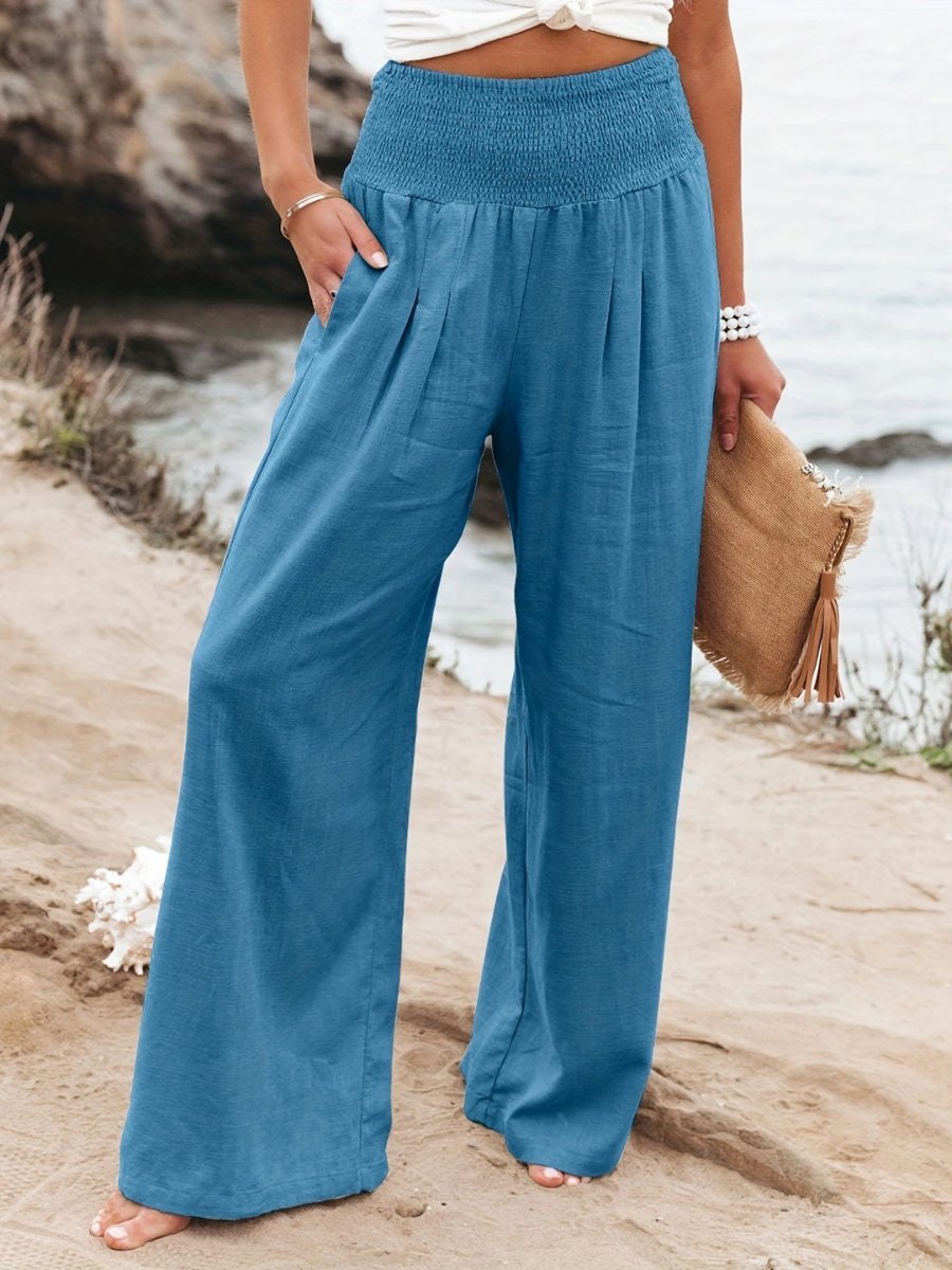 Relaxed Wide Leg Linen Trousers with Smocked Waist