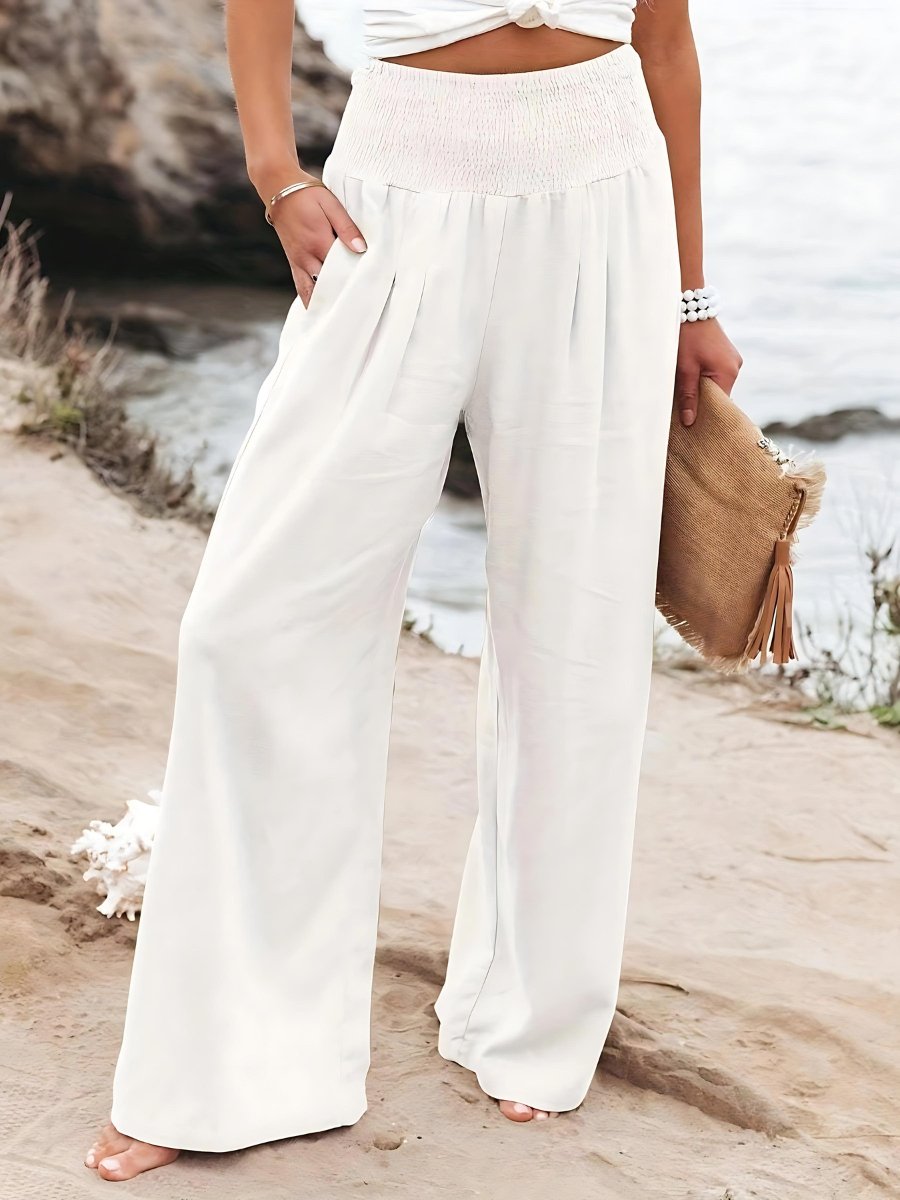 Relaxed Wide Leg Linen Trousers with Smocked Waist