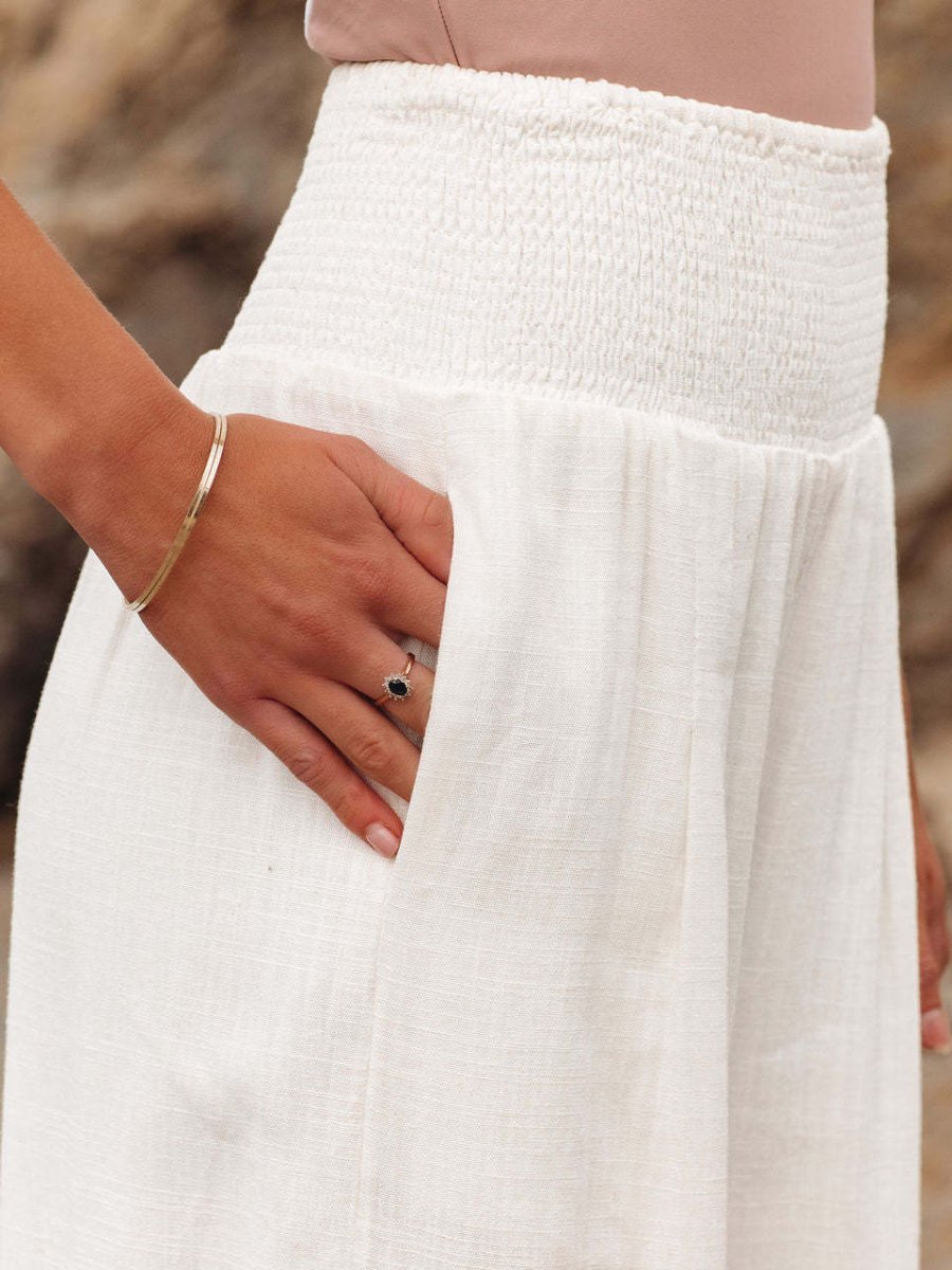 Relaxed Wide Leg Linen Trousers with Smocked Waist