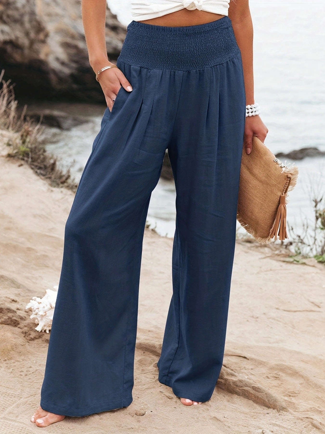 Relaxed Wide Leg Linen Trousers with Smocked Waist