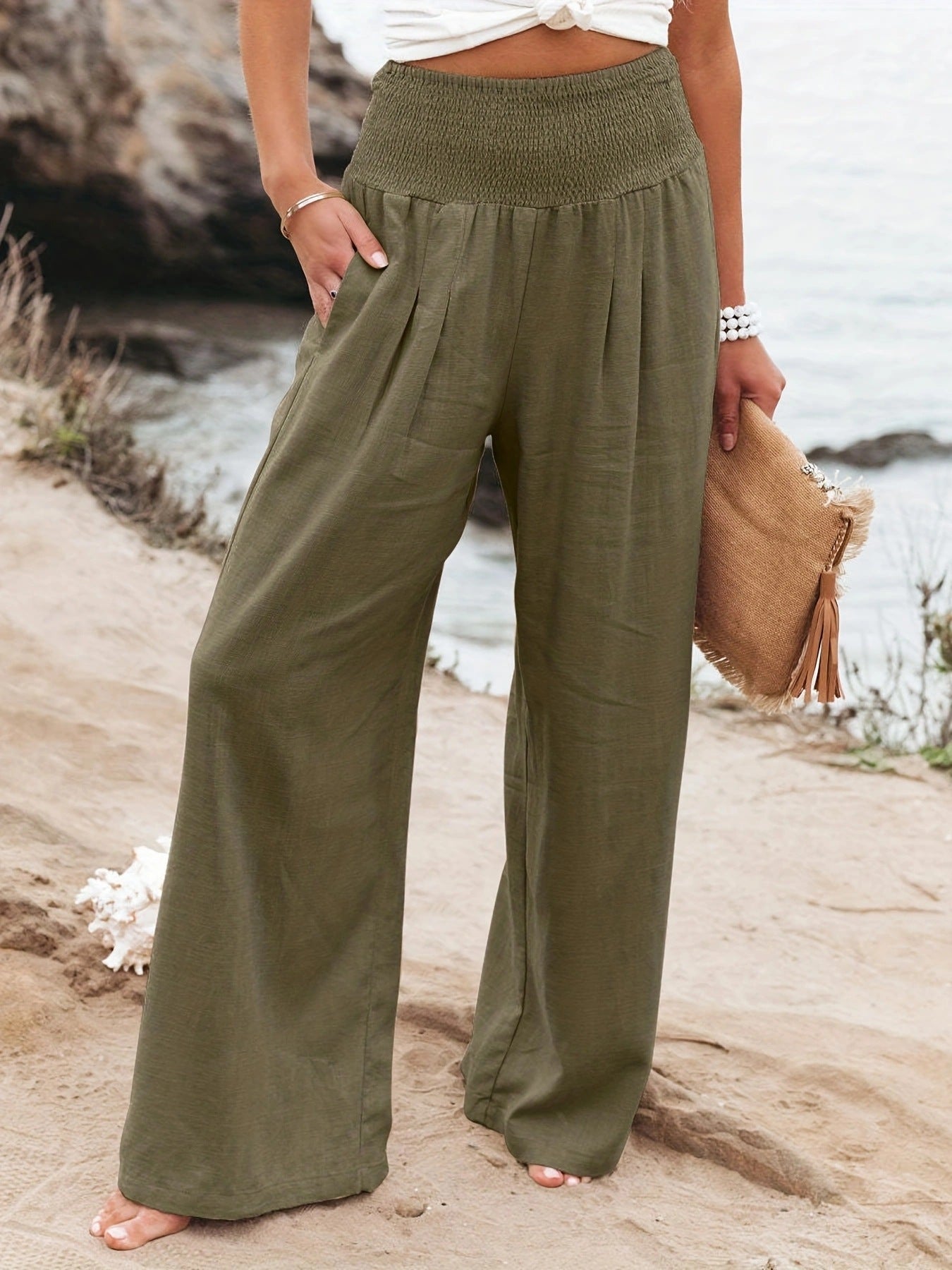 Relaxed Wide Leg Linen Trousers with Smocked Waist