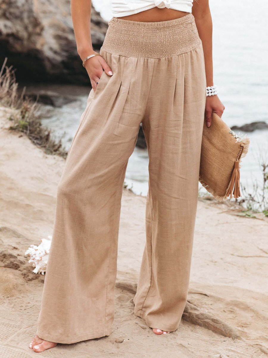 Relaxed Wide Leg Linen Trousers with Smocked Waist