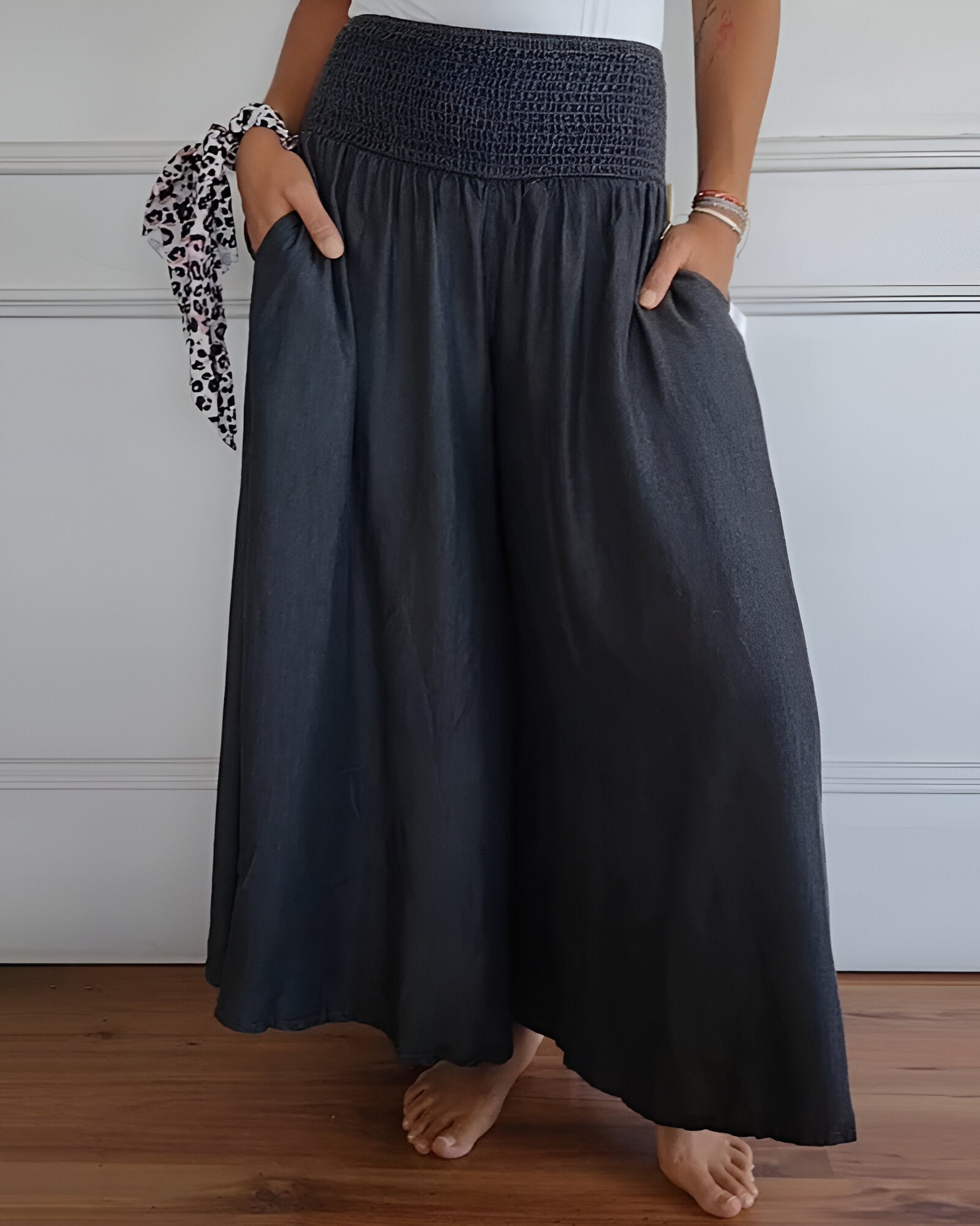 Relaxed Wide Leg Palazzo Pants with Smocked Waist and Pockets