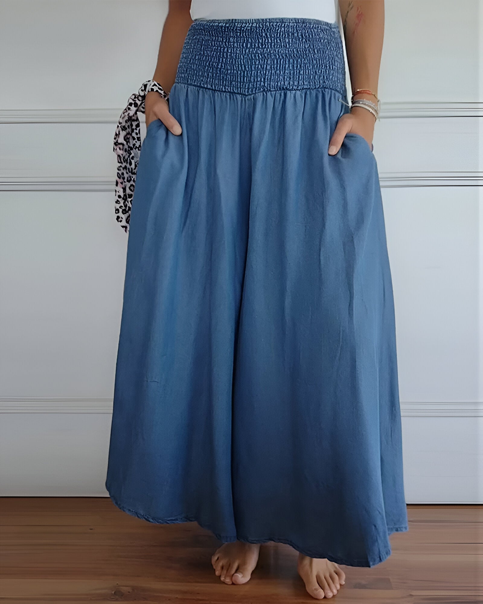 Relaxed Wide Leg Palazzo Pants with Smocked Waist and Pockets