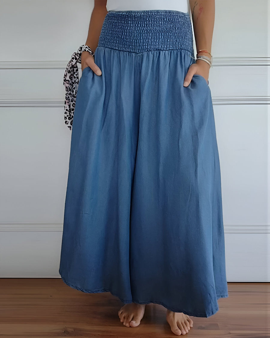 Relaxed Wide Leg Palazzo Pants with Smocked Waist and Pockets