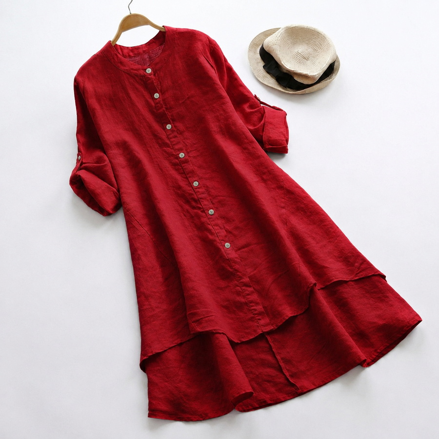 Relaxed Linen Tunic Dress with Button Front and Layered Hem