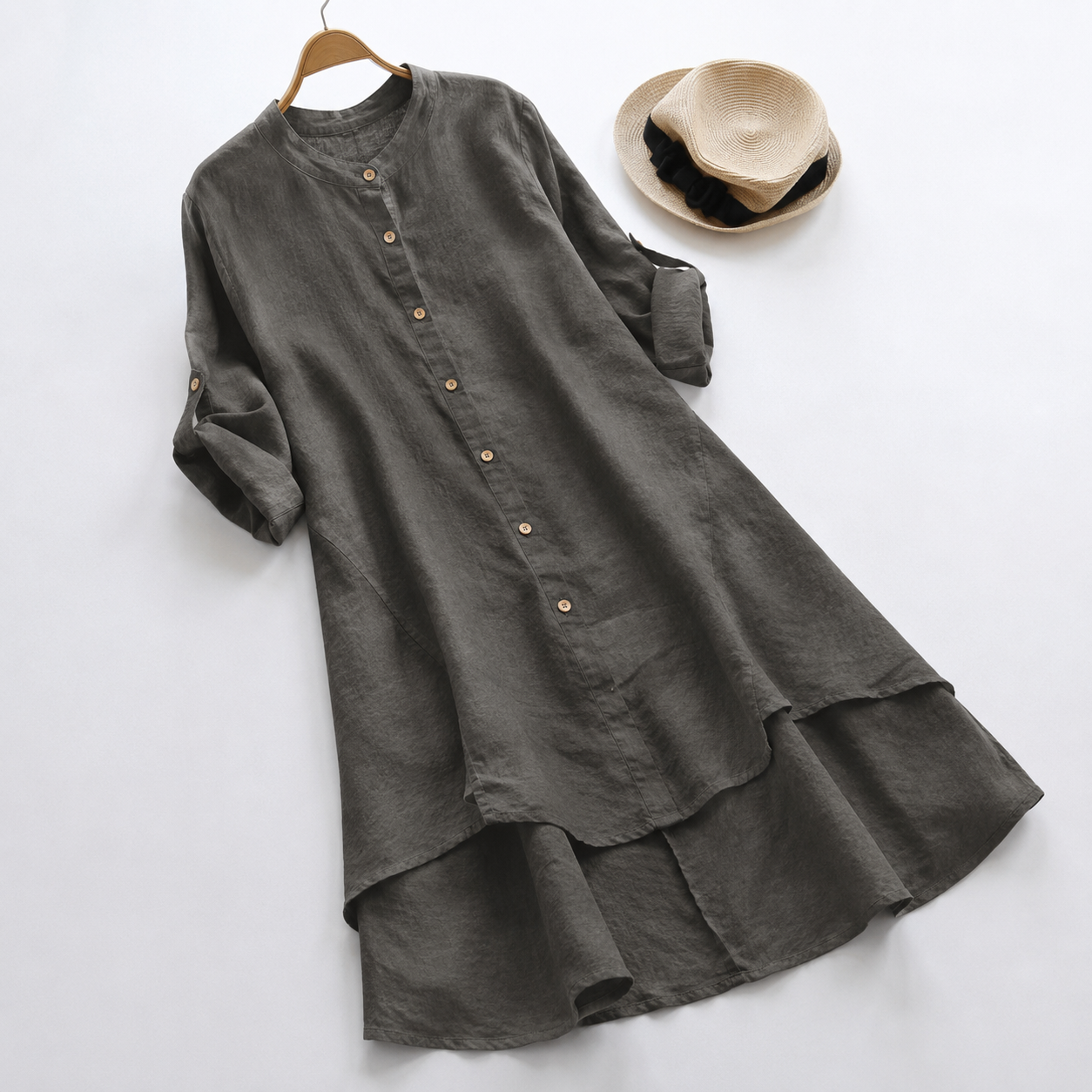 Relaxed Linen Tunic Dress with Button Front and Layered Hem