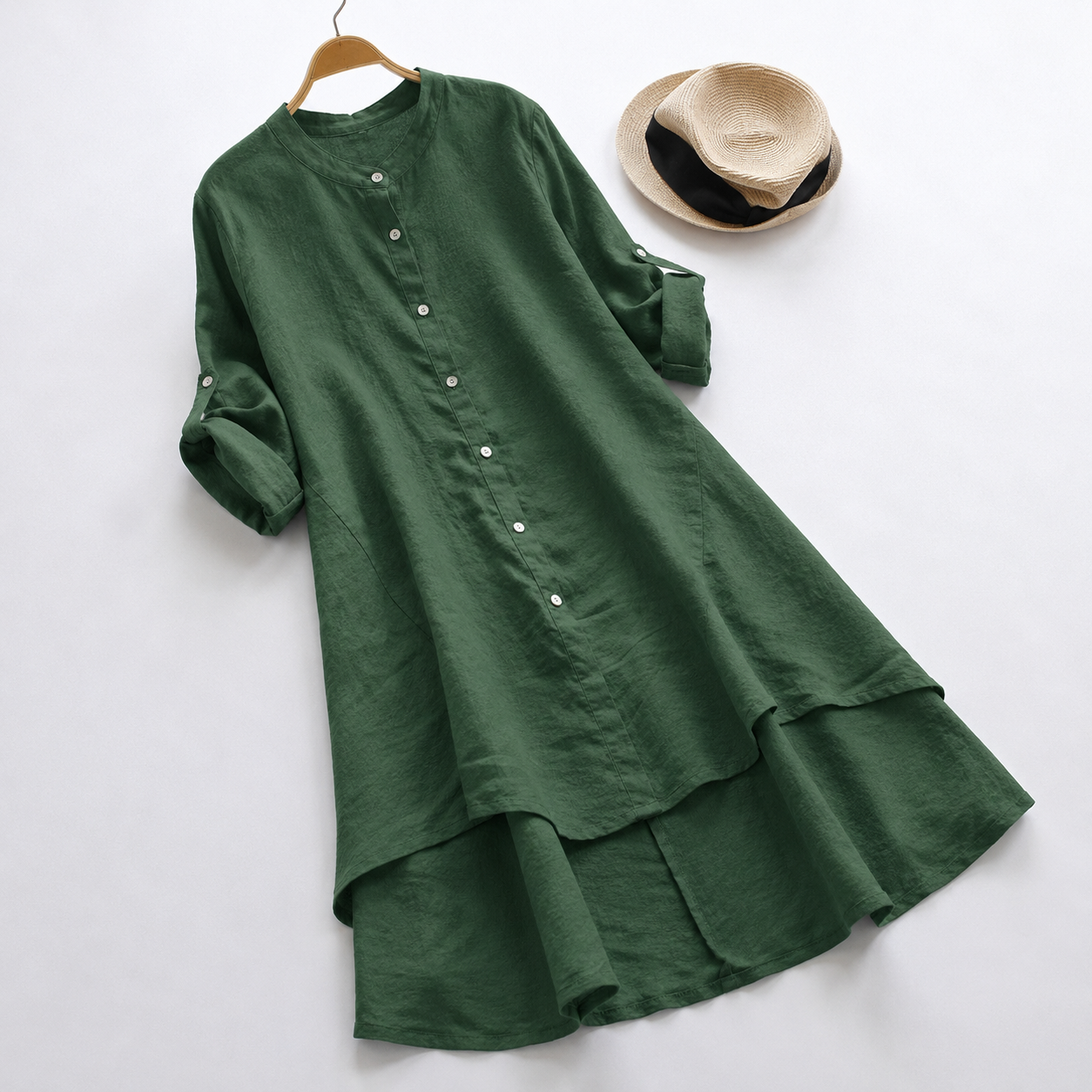 Relaxed Linen Tunic Dress with Button Front and Layered Hem