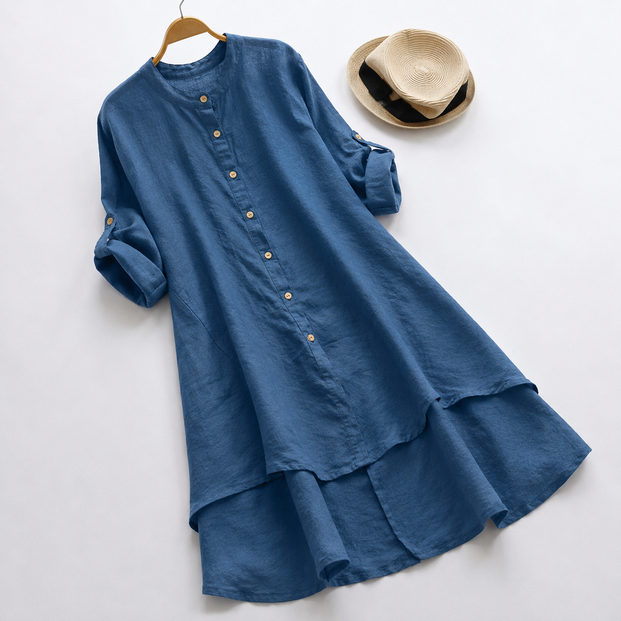 Relaxed Linen Tunic Dress with Button Front and Layered Hem