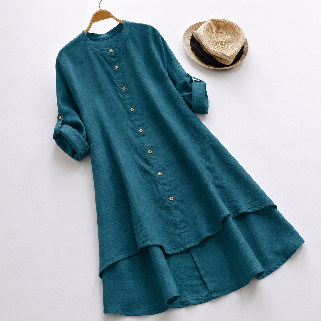 Relaxed Linen Tunic Dress with Button Front and Layered Hem
