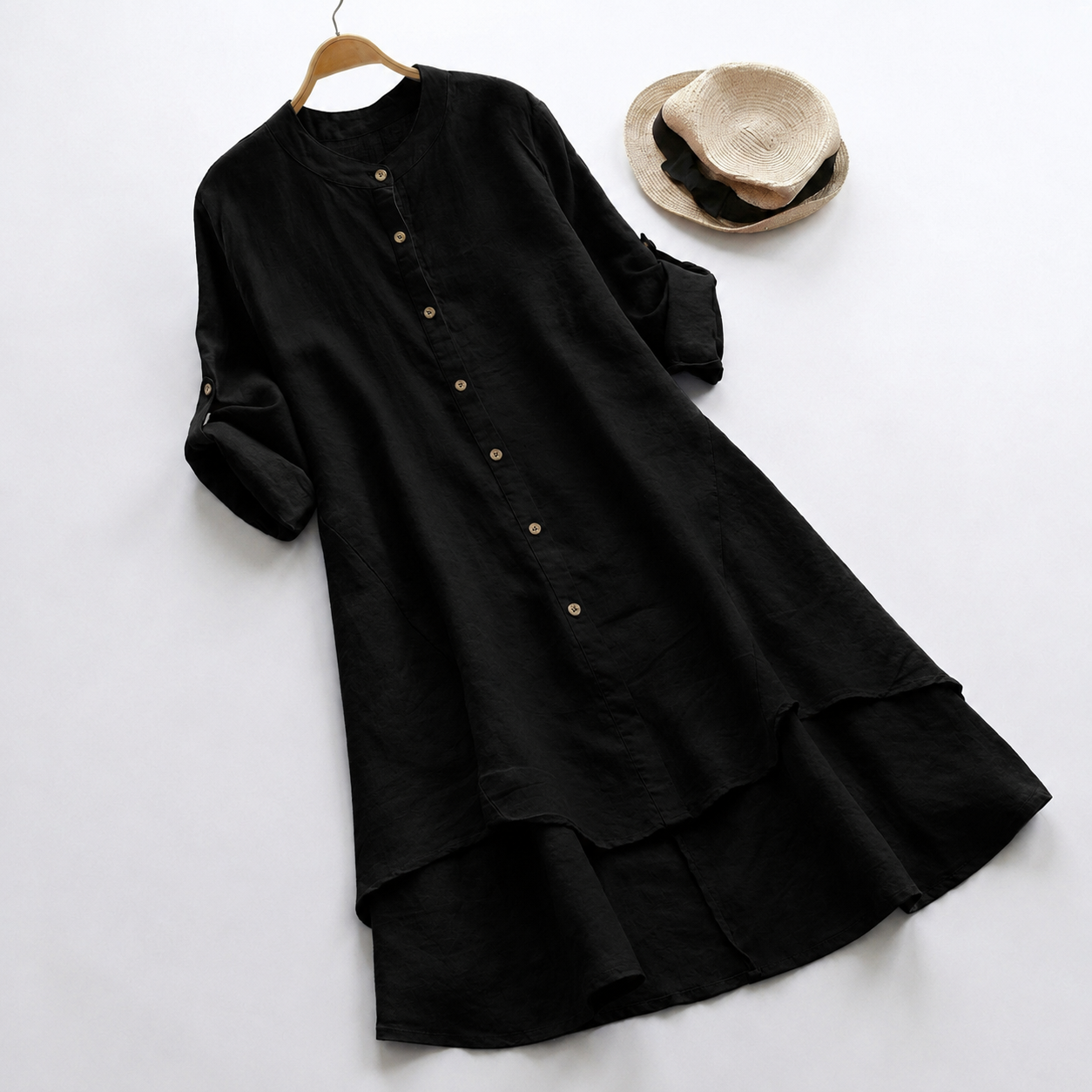 Relaxed Linen Tunic Dress with Button Front and Layered Hem