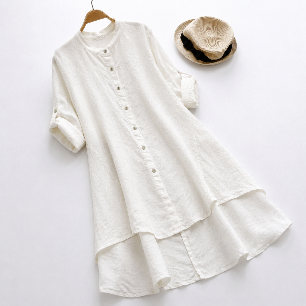 Relaxed Linen Tunic Dress with Button Front and Layered Hem