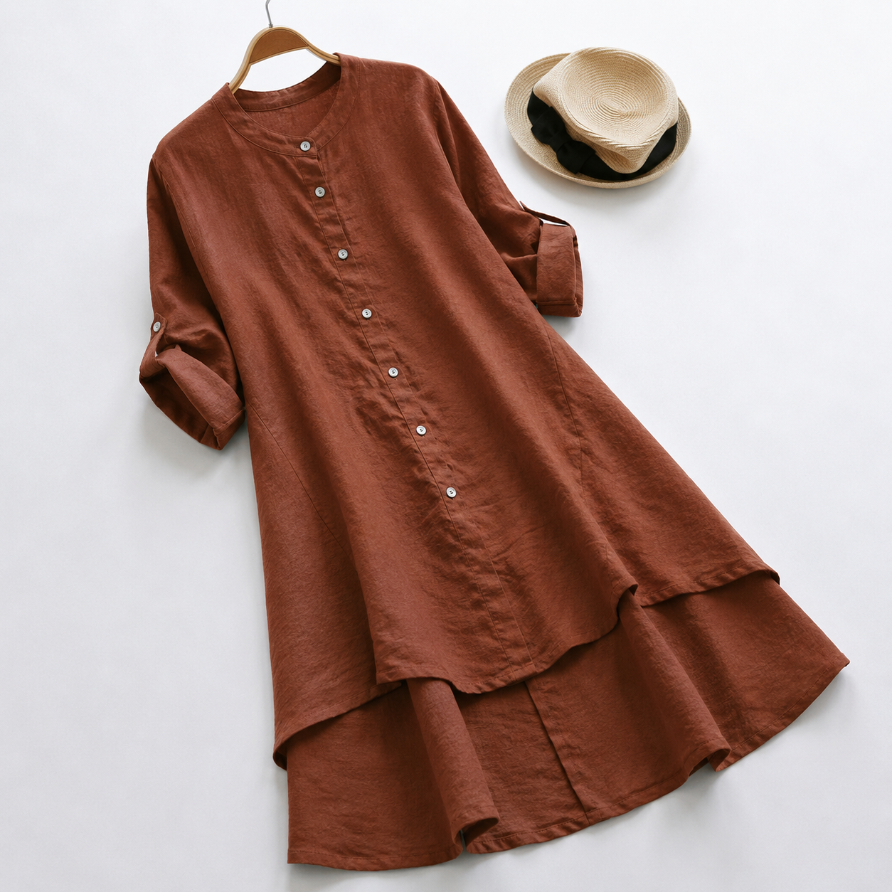 Relaxed Linen Tunic Dress with Button Front and Layered Hem