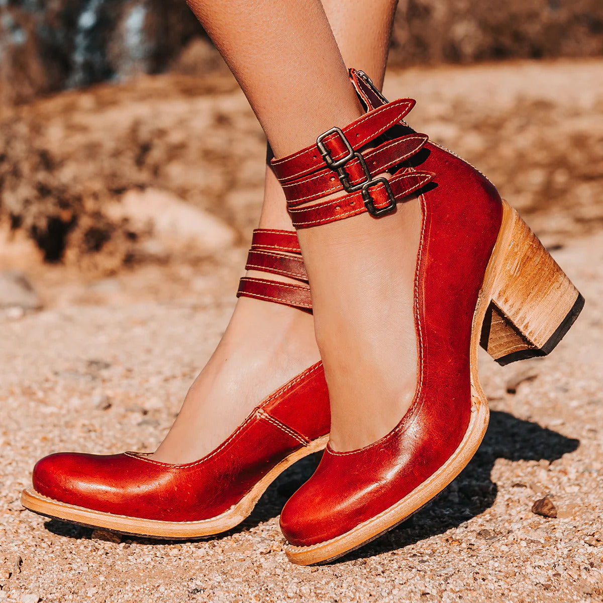 Retro Block Heel Mary Jane Heels with Double Buckle Ankle Strap