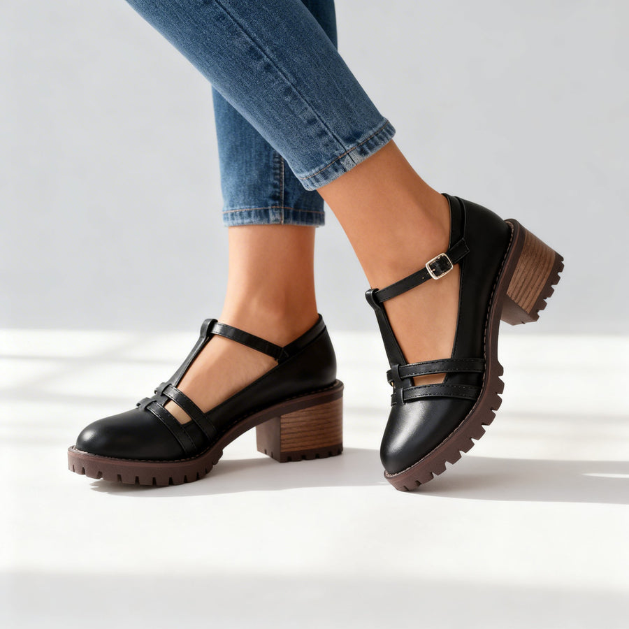 Retro Block Heel Mary Jane Shoes with T-Bar Strap and Lug Sole