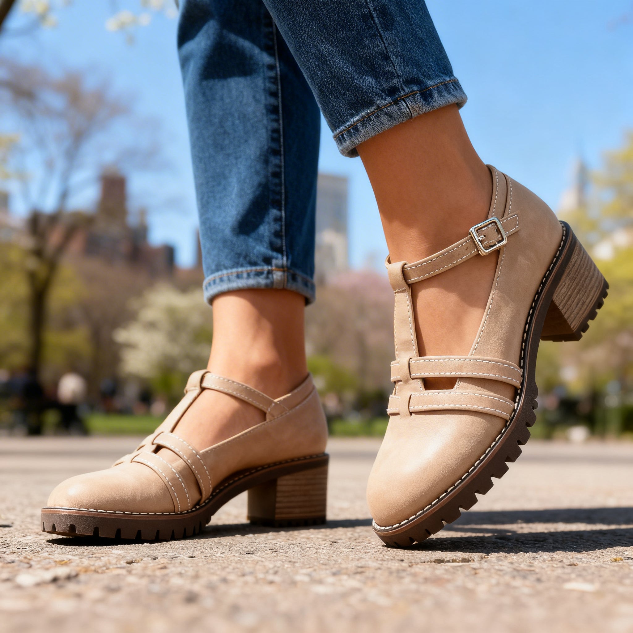 Retro Block Heel Mary Jane Shoes with T-Bar Strap and Lug Sole