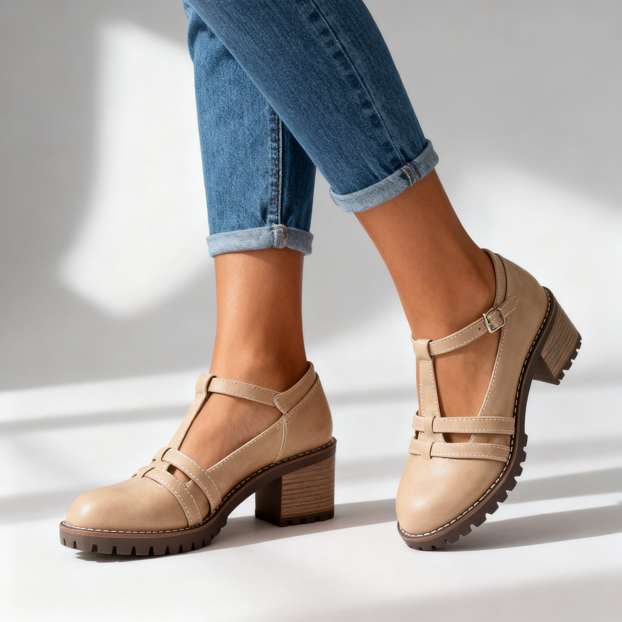 Retro Block Heel Mary Jane Shoes with T-Bar Strap and Lug Sole