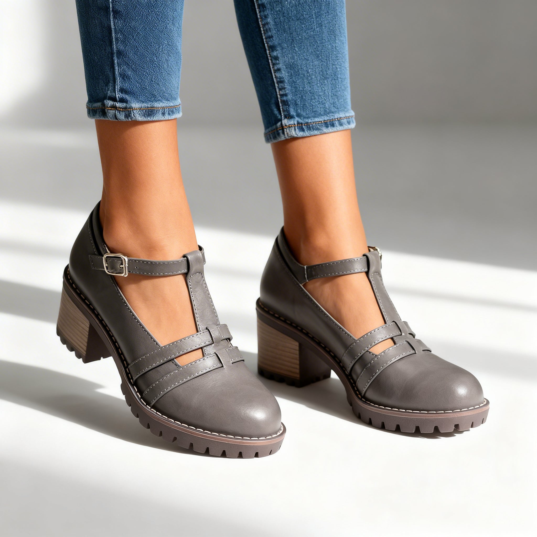 Retro Block Heel Mary Jane Shoes with T-Bar Strap and Lug Sole