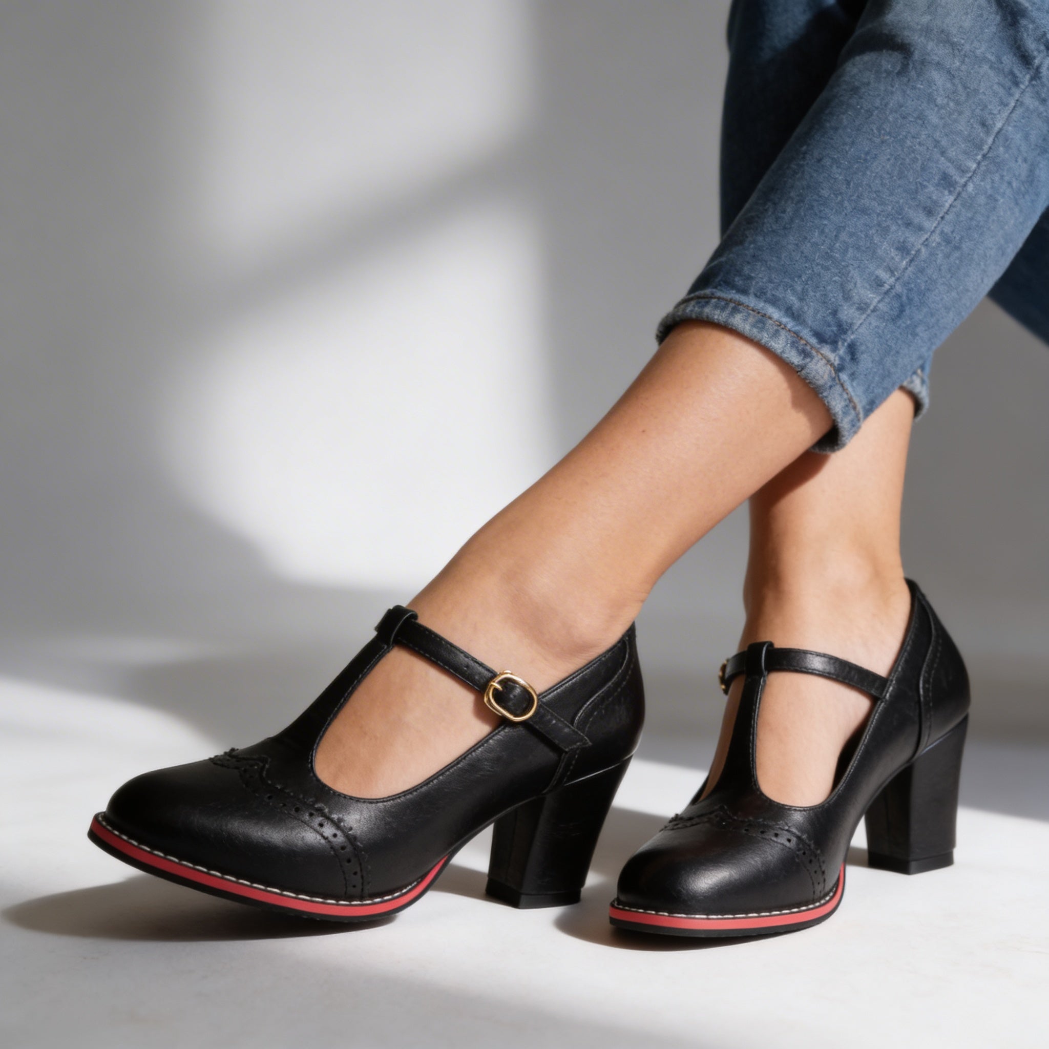 Retro Brogue T-Bar Heels with Block Heel and Gold Buckle
